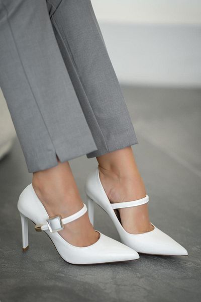 Parponi Trok Stone Detailed Women's Leather Stiletto White