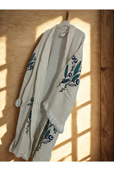 TekStilize Muslin Evil Eye Bead Patterned Three Quarter Sleeve Kimono (100% Cotton)