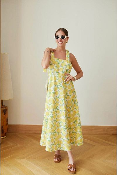 FEMMESTUDIO Women's Ecru Lemon Patterned Long Dress