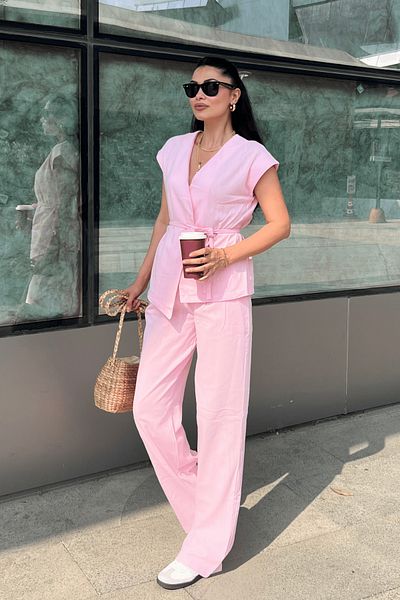giyimmasalı Cotton Linen Fabric Vest Suit - Pink