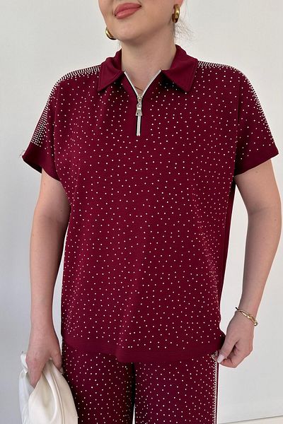 MaziButik Intense Glitter Modal Suit Claret Red