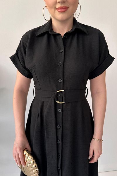 MaziButik Metal Belted Shirt Dress Black