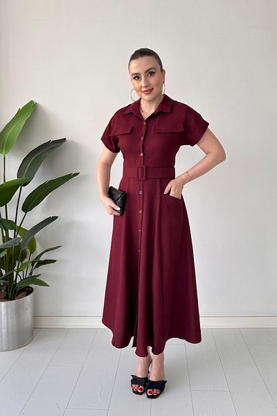 MaziButik Pocket Shirt Dress Burgundy
