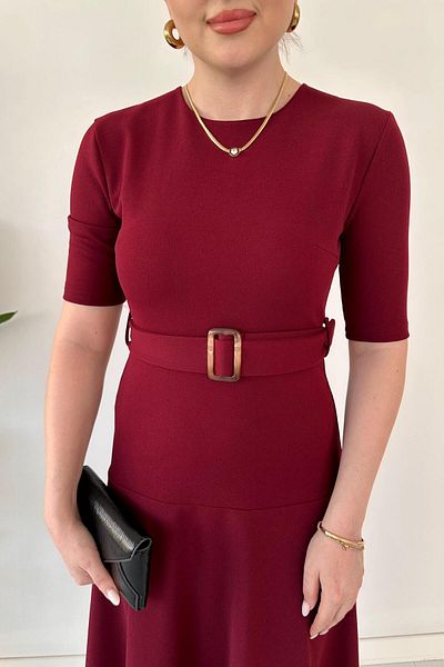 MaziButik Half Sleeve Crepe Dress Burgundy