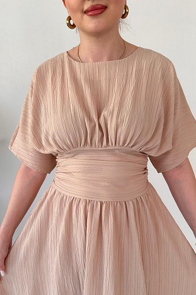 MaziButik Textured Dress with Corsage Beige