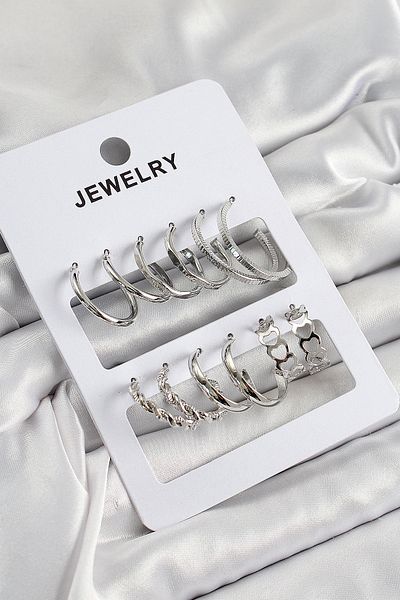 SeyCey.co Brass Mixed Ring Model Silver Color 6 Pairs Women's Earrings Set