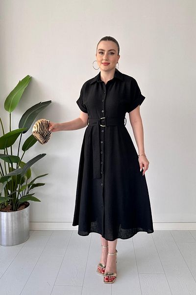 MaziButik Metal Belted Shirt Dress Black
