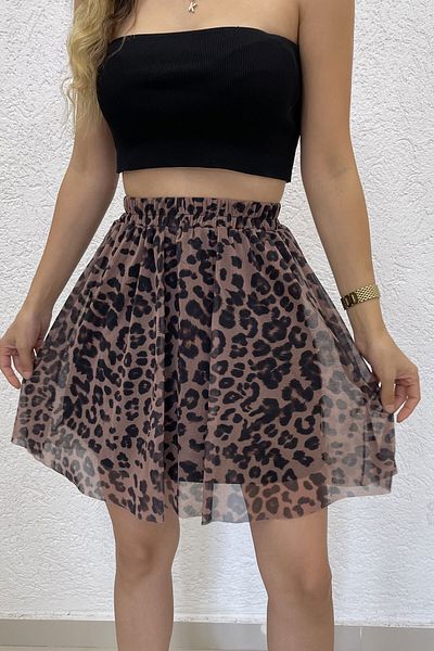 Nazline Fusta de damă cu model leopard cu detaliu din tul