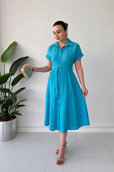 MaziButik Metal Belted Shirt Dress Blue