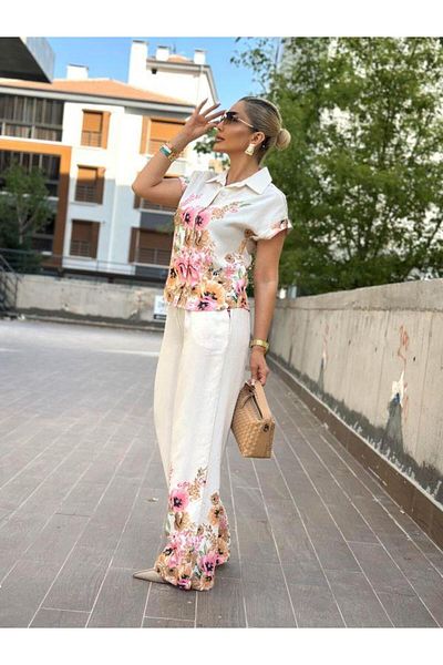 Robin 37291 Floral Linen Suit Pink