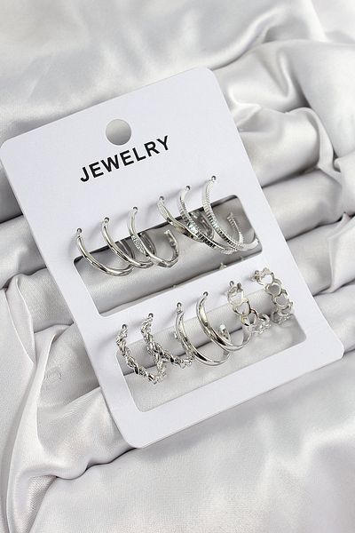 SeyCey.co Brass Mixed Ring Model Silver Color 6 Pairs Women's Earrings Set
