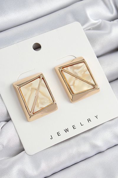 SeyCey.co Brass Cream Triangle Cut Detailed Square Model Vintage Gold Color Women's Earrings