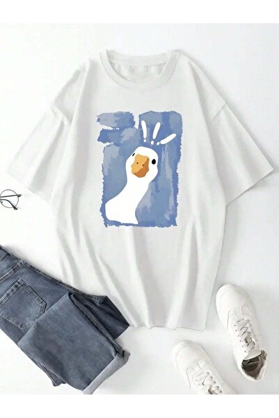 NAKRUF Tricou cu imprimeu desenat pentru femei, alb bumbac 100%