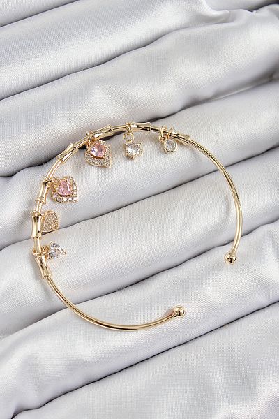 Clariss Brass Zircon Stone Pink Heart Model Gold Color Charm Bracelet
