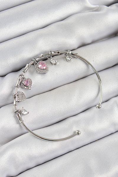 Clariss Brass Zircon Stone Pink Heart Model Silver Color Charm Bracelet