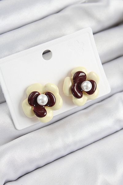 SeyCey.co Pearl Detailed Cream Brown Color Daisy Model Women's Earrings