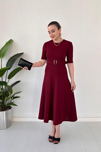 MaziButik Half Sleeve Crepe Dress Burgundy