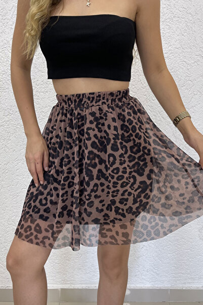Nazline Women's Leopard Patterned Tulle Detailed Skirt