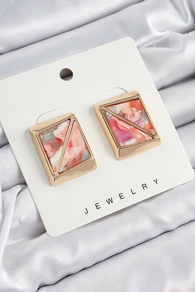 Store Brass Pink Triangle Cut Detailed Square Model Vintage Gold Color Women's Earrings