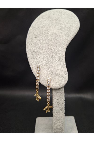 Han Ticarethane Gold Color Stone Waterway Airplane Model Earrings
