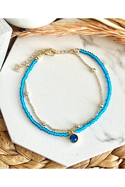 HALHALMILL Mavi Kristalli Parlak Boncuklu Halhal