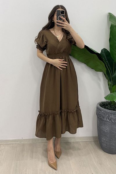 Nazline Women's Double Breasted Collar Balloon Sleeve Long Dress