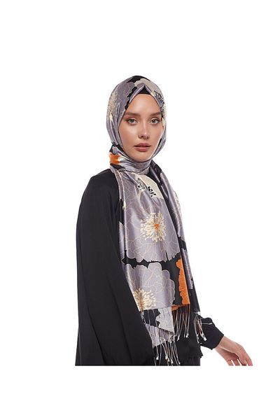 ipekevi Black - Orange Silk House Silk Shawl 5197