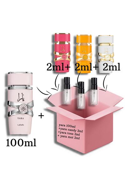 lattafa Yara 100ml EDP + samples 2ml of (Yara Candy+Yara Tous+Yara Moi)