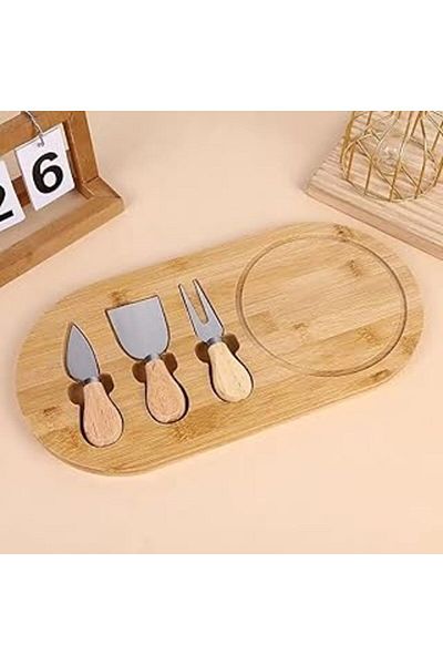 DERİK Promocan Bamboo Cheese Presentation Plate, Set of 3 Cheese Knives and Forks, Total 4 Pieces, Natural
