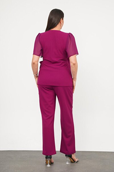 ZISHAN Διπλό Σετ με μανίκια σιφόν με λεπτομέρεια με μαργαριτάρια σε μεγάλο μέγεθος (μπλούζα + παντελόνι) 025