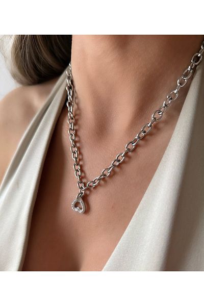 AychaAksesuar Steel Silver Color Classic Chain Heart Necklace