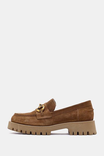 Bestyle Pamela Women's Camel Real Suede Leather Buckle Detailed Loafer