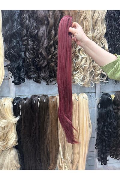 AKOLİFE Red Buckle Straight Long Ponytail Hairpiece Fake Hair - Human Hair Texture
