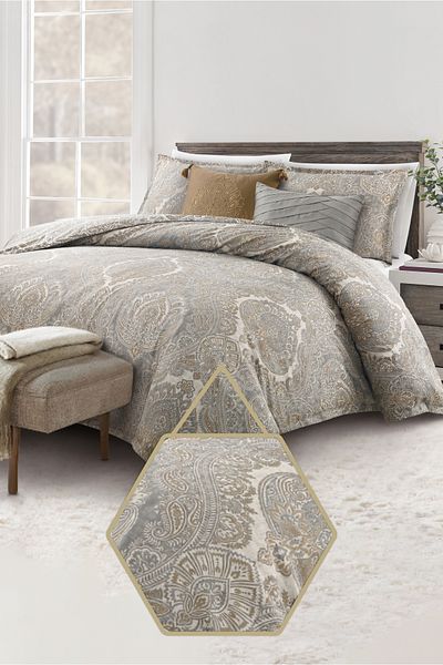 Bee Home Bed and Bath Aspen | 5 Pieces King Comforter Set - 275 X 244 Cm - Grey Gold