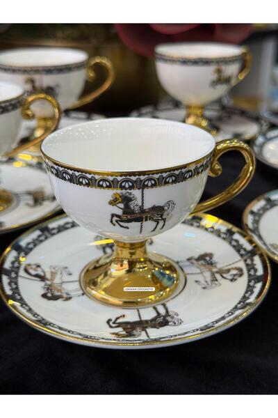 LOKMAN ZÜCCACİYE 6 KİŞİLİK PORSELEN ATLI KARINCA AYAKLI KAHVE FİNCAN TAKIMI (90ML)