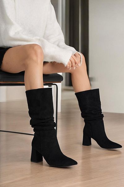 Bestyle Luna Women's Black Suede Pointed Toe Thick Heeled Boots