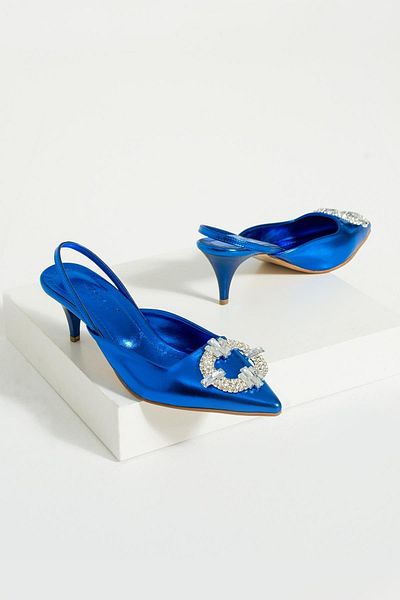 Bestyle Party Women's Metallic Blue Stone Heeled Shoes