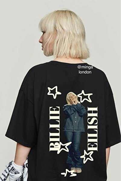 DEEFWEAR تي شيرت أسود للجنسين بطبعة نجمة بيلي إيليش من الأمام/الخلف