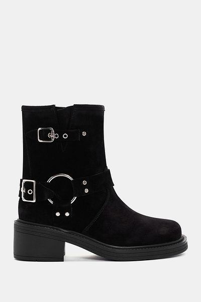 Bestyle Rock Women's Black Suede Buckle Detailed Real Leather Boots
