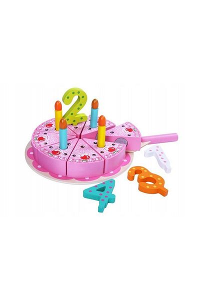 Ecotoys Wooden cake "ISP ECOTOYS Wood Cake" without sharp edges, contains Serving spoon, Cake tray, Candle