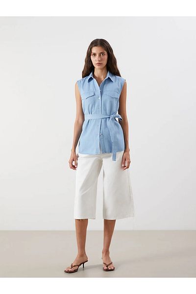 LC Waikiki Cămașă LCWAIKIKI Classic Indigo pentru femei, cu centură în talie