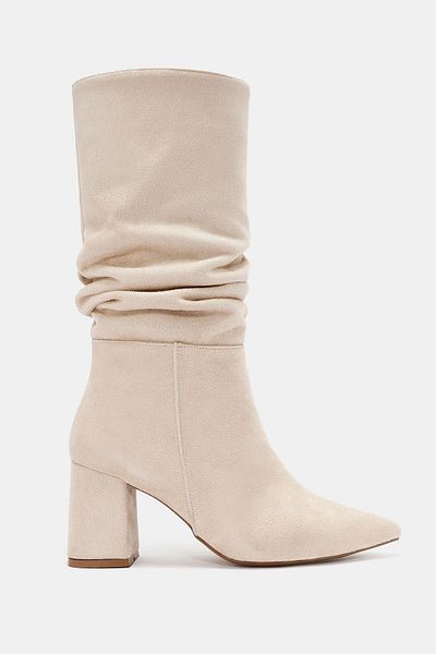 Bestyle Luna Women's Beige Pointed Toe Thick Heeled Boots