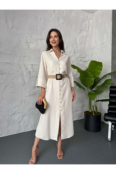 Elif Özbey Butik Φόρεμα από λινό με ζώνη από πέτρα με κουμπιά