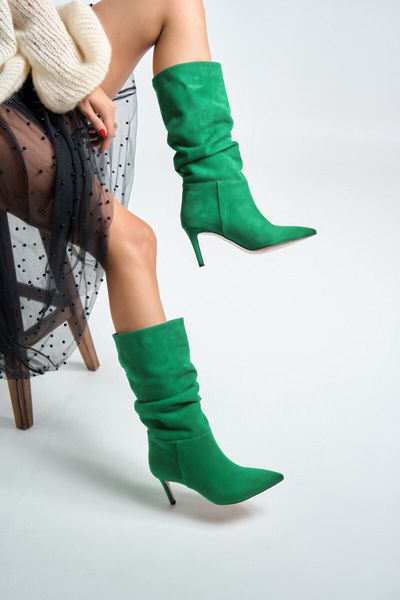 Bestyle Fancy Women's Green Suede Heeled Boots