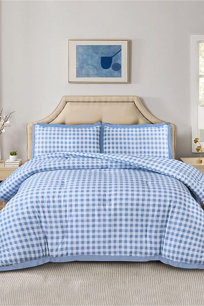 Bee Home Bed and Bath Gingham | 3 Pieces King Comforter Set - 244 x 280 cm - Blue