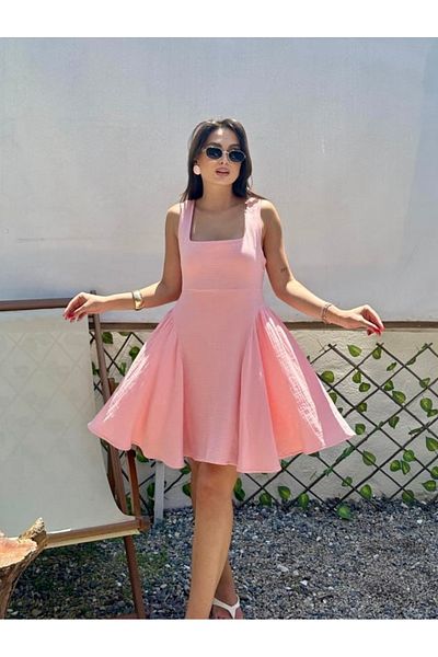 HandCo Pink Linen Dress Backless Tie-Up Strap Summer Dress