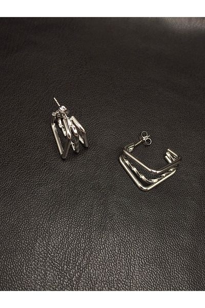 Han Ticarethane Silver Remk 3D Square Model Steel Earrings