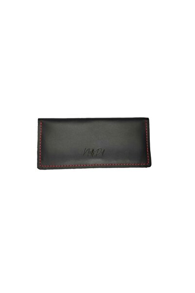 Natty Pell - Women's wallet, genuine leather, handmade black with red thread