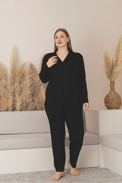 Temporium Women's Black Large Size Buttoned Long Sleeve Bamboo Pajamas Set