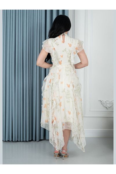 Nice Model Dusty Pink Botanical Midi Dress - Sophisticated Wedding Guest Outfit with Cap Sleeves & Tie Waist